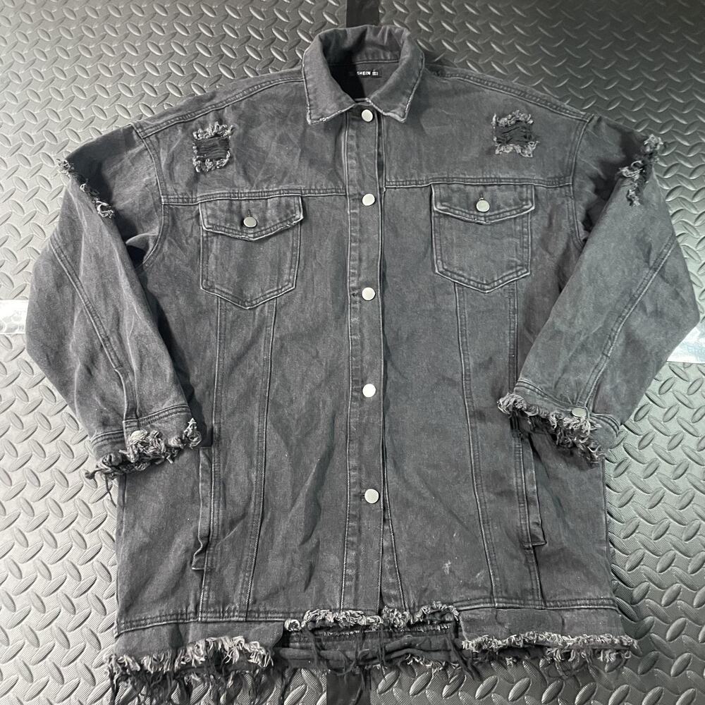 Shein Jacket Womens Small Black Denim Distressed Frayed Hem Longline Trucker